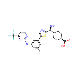 Cc1cc(Nc2nccc(C(F)(F)F)n2)cc(-c2cnc([C@@H](N)[C@H]3CC[C@H](C(=O)O)CC3)s2)c1 ZINC001772616834