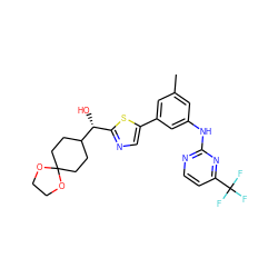 Cc1cc(Nc2nccc(C(F)(F)F)n2)cc(-c2cnc([C@@H](O)C3CCC4(CC3)OCCO4)s2)c1 ZINC000144880556