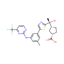 Cc1cc(Nc2nccc(C(F)(F)F)n2)cc(-c2cnc([C@](C)(O)[C@@H]3CC[C@H](C(=O)O)C3)s2)c1 ZINC000221499405