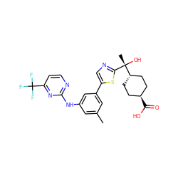 Cc1cc(Nc2nccc(C(F)(F)F)n2)cc(-c2cnc([C@](C)(O)[C@H]3CC[C@H](C(=O)O)CC3)s2)c1 ZINC001772570072