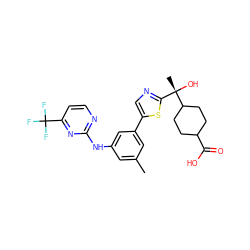 Cc1cc(Nc2nccc(C(F)(F)F)n2)cc(-c2cnc([C@](C)(O)C3CCC(C(=O)O)CC3)s2)c1 ZINC000207744585