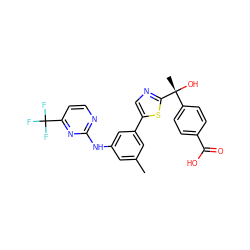 Cc1cc(Nc2nccc(C(F)(F)F)n2)cc(-c2cnc([C@](C)(O)c3ccc(C(=O)O)cc3)s2)c1 ZINC000072315493