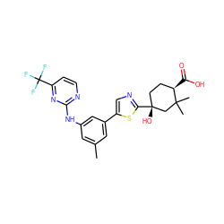 Cc1cc(Nc2nccc(C(F)(F)F)n2)cc(-c2cnc([C@]3(O)CC[C@@H](C(=O)O)C(C)(C)C3)s2)c1 ZINC000141407277