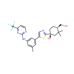 Cc1cc(Nc2nccc(C(F)(F)F)n2)cc(-c2cnc([C@]3(O)CC[C@@H](CO)C(C)(C)C3)s2)c1 ZINC000141376099