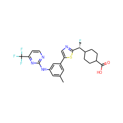 Cc1cc(Nc2nccc(C(F)(F)F)n2)cc(-c2cnc([C@H](F)C3CCC(C(=O)O)CC3)s2)c1 ZINC000221494696