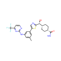 Cc1cc(Nc2nccc(C(F)(F)F)n2)cc(-c2cnc([C@H](O)[C@H]3CC[C@@H](C(N)=O)CC3)s2)c1 ZINC001772652112