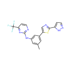 Cc1cc(Nc2nccc(C(F)(F)F)n2)cc(-c2cnc(-c3ccn[nH]3)s2)c1 ZINC000141804033