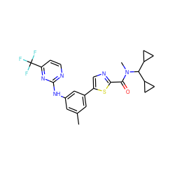 Cc1cc(Nc2nccc(C(F)(F)F)n2)cc(-c2cnc(C(=O)N(C)C(C3CC3)C3CC3)s2)c1 ZINC000142181704