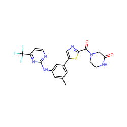 Cc1cc(Nc2nccc(C(F)(F)F)n2)cc(-c2cnc(C(=O)N3CCNC(=O)C3)s2)c1 ZINC000140681135