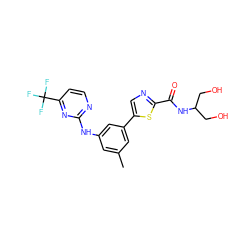 Cc1cc(Nc2nccc(C(F)(F)F)n2)cc(-c2cnc(C(=O)NC(CO)CO)s2)c1 ZINC000141033648