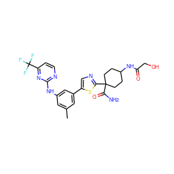 Cc1cc(Nc2nccc(C(F)(F)F)n2)cc(-c2cnc(C3(C(N)=O)CCC(NC(=O)CO)CC3)s2)c1 ZINC000117841956