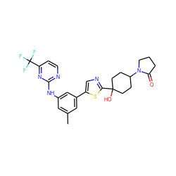 Cc1cc(Nc2nccc(C(F)(F)F)n2)cc(-c2cnc(C3(O)CCC(N4CCCC4=O)CC3)s2)c1 ZINC000117785743