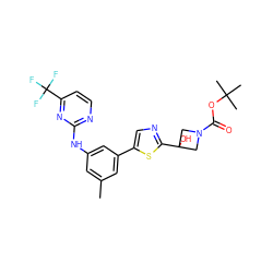 Cc1cc(Nc2nccc(C(F)(F)F)n2)cc(-c2cnc(C3(O)CN(C(=O)OC(C)(C)C)C3)s2)c1 ZINC000117866478