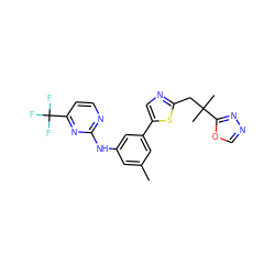 Cc1cc(Nc2nccc(C(F)(F)F)n2)cc(-c2cnc(CC(C)(C)c3nnco3)s2)c1 ZINC000117847698