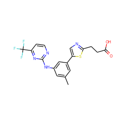 Cc1cc(Nc2nccc(C(F)(F)F)n2)cc(-c2cnc(CCC(=O)O)s2)c1 ZINC000142582097