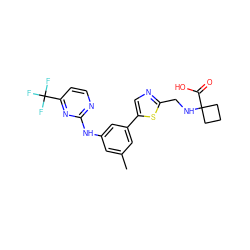 Cc1cc(Nc2nccc(C(F)(F)F)n2)cc(-c2cnc(CNC3(C(=O)O)CCC3)s2)c1 ZINC000141976250