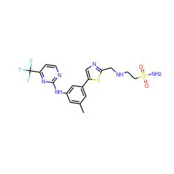 Cc1cc(Nc2nccc(C(F)(F)F)n2)cc(-c2cnc(CNCCS(N)(=O)=O)s2)c1 ZINC000141736200