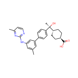 Cc1cc(Nc2nccc(C)n2)cc(-c2ccc([C@@](C)(O)[C@H]3CC[C@H](C(=O)O)CC3)cc2)c1 ZINC001772608984