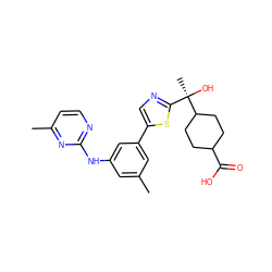 Cc1cc(Nc2nccc(C)n2)cc(-c2cnc([C@@](C)(O)C3CCC(C(=O)O)CC3)s2)c1 ZINC000144445422