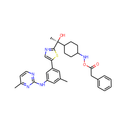 Cc1cc(Nc2nccc(C)n2)cc(-c2cnc([C@@](C)(O)C3CCC(NOC(=O)Cc4ccccc4)CC3)s2)c1 ZINC001772649568