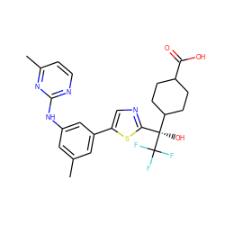 Cc1cc(Nc2nccc(C)n2)cc(-c2cnc([C@@](O)(C3CCC(C(=O)O)CC3)C(F)(F)F)s2)c1 ZINC000144192204