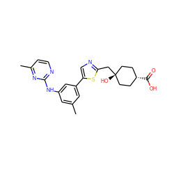 Cc1cc(Nc2nccc(C)n2)cc(-c2cnc(C[C@]3(O)CC[C@H](C(=O)O)CC3)s2)c1 ZINC000144361704