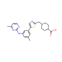 Cc1cc(Nc2nccc(C)n2)cc(-c2cnc(CC3CCC(C(=O)O)CC3)s2)c1 ZINC000144284417