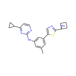 Cc1cc(Nc2nccc(C3CC3)n2)cc(-c2cnc(C3(N)CCC3)s2)c1 ZINC000117845159