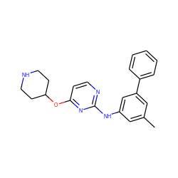 Cc1cc(Nc2nccc(OC3CCNCC3)n2)cc(-c2ccccc2)c1 ZINC000145443779