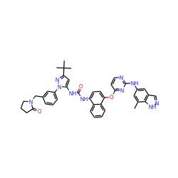 Cc1cc(Nc2nccc(Oc3ccc(NC(=O)Nc4cc(C(C)(C)C)nn4-c4cccc(CN5CCCC5=O)c4)c4ccccc34)n2)cc2cn[nH]c12 ZINC000211087651