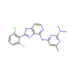 Cc1cc(Nc2nccc3[nH]c(-c4c(Cl)cccc4Cl)nc23)nc(N(C)C)n1 ZINC000204842986