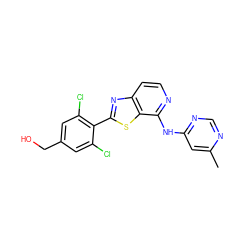 Cc1cc(Nc2nccc3nc(-c4c(Cl)cc(CO)cc4Cl)sc23)ncn1 ZINC000114601658