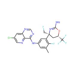 Cc1cc(Nc2ncnc3cc(Cl)cnc23)cc([C@]2(CF)C[C@@H](C(F)(F)F)OC(N)=N2)c1F ZINC000218677231