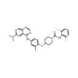 Cc1cc(Nc2ncnc3cnc(N(C)C)cc23)ccc1OC1CCN(C(=O)Nc2c(F)cccc2F)CC1 ZINC000028706399