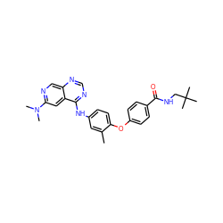 Cc1cc(Nc2ncnc3cnc(N(C)C)cc23)ccc1Oc1ccc(C(=O)NCC(C)(C)C)cc1 ZINC000028706422