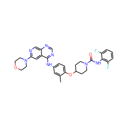 Cc1cc(Nc2ncnc3cnc(N4CCOCC4)cc23)ccc1OC1CCN(C(=O)Nc2c(F)cccc2F)CC1 ZINC000028706402