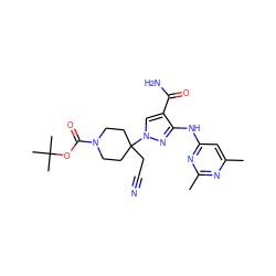 Cc1cc(Nc2nn(C3(CC#N)CCN(C(=O)OC(C)(C)C)CC3)cc2C(N)=O)nc(C)n1 ZINC000222095558