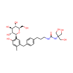 Cc1cc(O)c([C@@H]2O[C@H](CO)[C@@H](O)[C@H](O)[C@H]2O)cc1Cc1ccc(CCCNC(=O)NC(CO)(CO)CO)cc1 ZINC000043176970