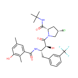 Cc1cc(O)c(C)c(C(=O)N[C@@H](Cc2cccc(C(F)(F)F)c2)[C@H](O)C(=O)N2C[C@@H](Cl)C[C@H]2C(=O)NC(C)(C)C)c1 ZINC000014944404