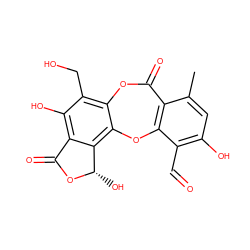 Cc1cc(O)c(C=O)c2c1C(=O)Oc1c(CO)c(O)c3c(c1O2)[C@H](O)OC3=O ZINC000005765083