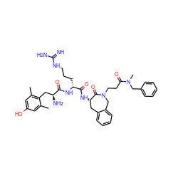 Cc1cc(O)cc(C)c1C[C@H](N)C(=O)N[C@H](CCCNC(=N)N)C(=O)N[C@H]1Cc2ccccc2CN(CCC(=O)N(C)Cc2ccccc2)C1=O ZINC000299862451