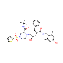 Cc1cc(O)cc(C)c1CNC(=O)[C@H](Cc1ccccc1)C[C@@H](O)CN1CCN(S(=O)(=O)c2cccs2)C[C@@H]1C(=O)NC(C)(C)C ZINC000026720916