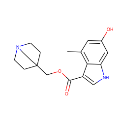 Cc1cc(O)cc2[nH]cc(C(=O)OCC34CCN(CC3)CC4)c12 ZINC001772576167