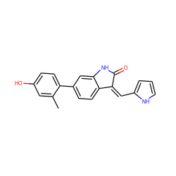 Cc1cc(O)ccc1-c1ccc2c(c1)NC(=O)/C2=C\c1ccc[nH]1 ZINC000034372429