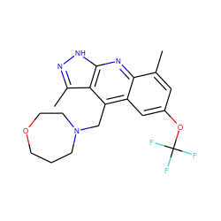 Cc1cc(OC(F)(F)F)cc2c(CN3CCCOCC3)c3c(C)n[nH]c3nc12 ZINC000073164499