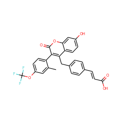 Cc1cc(OC(F)(F)F)ccc1-c1c(Cc2ccc(/C=C/C(=O)O)cc2)c2ccc(O)cc2oc1=O ZINC000299852176