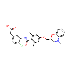 Cc1cc(OC[C@@H]2CN(C)c3ccccc3O2)cc(C)c1C(=O)Nc1cc(CC(=O)O)ccc1Cl ZINC000059648658