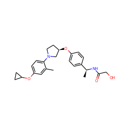 Cc1cc(OC2CC2)ccc1N1CC[C@@H](Oc2ccc([C@H](C)NC(=O)CO)cc2)C1 ZINC001772654815