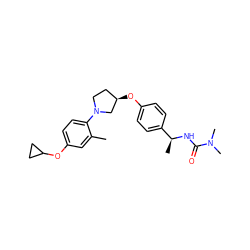 Cc1cc(OC2CC2)ccc1N1CC[C@@H](Oc2ccc([C@H](C)NC(=O)N(C)C)cc2)C1 ZINC001772653261