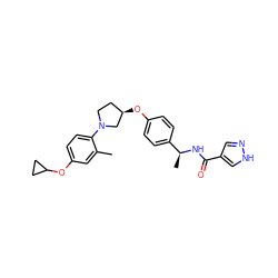 Cc1cc(OC2CC2)ccc1N1CC[C@@H](Oc2ccc([C@H](C)NC(=O)c3cn[nH]c3)cc2)C1 ZINC001772648937